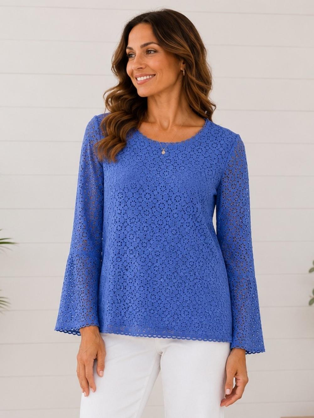 Banana Republic Top Cerulean Blue Lace Floral Eyelet Long Fluted Sleeve Medium